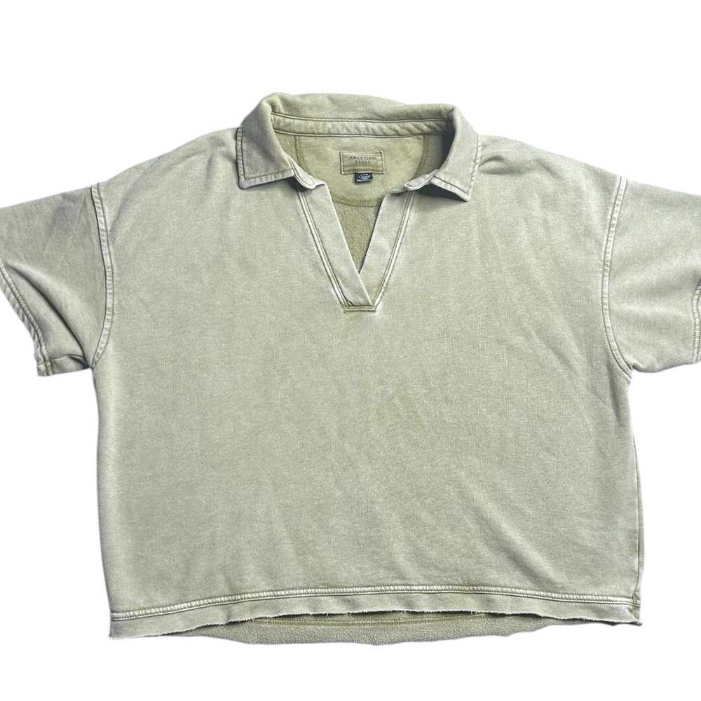 American Eagle Olive Green Collared V-Neck‎ Short Sleeve Top Women’s Size Large